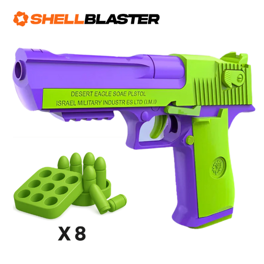 Purple and green Desert Eagle shellblaster pistol with eight green brick targets