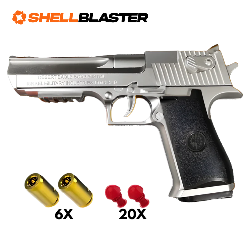 Desert toy shell blaster pistol — detail shot of slide, grip and trigger