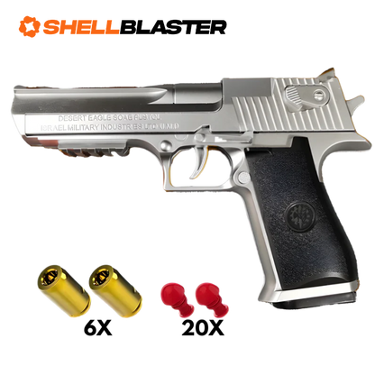 Desert toy shell blaster pistol — detail shot of slide, grip and trigger