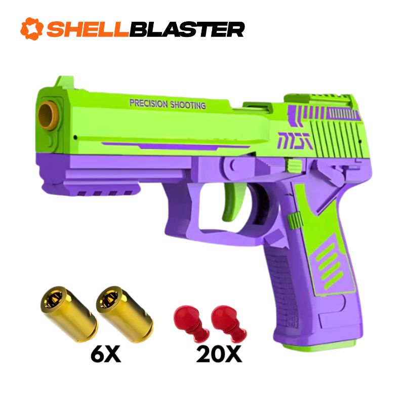 Green polymer striker shellblaster pistol with six casings and twenty red darts