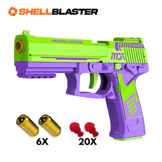Green polymer striker shellblaster pistol with six casings and twenty red darts