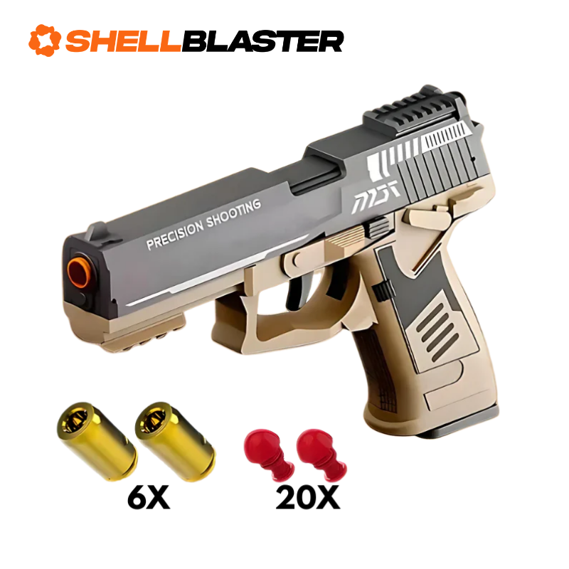 Scorpion toy shell blaster pistol — ejecting casings mid-fire