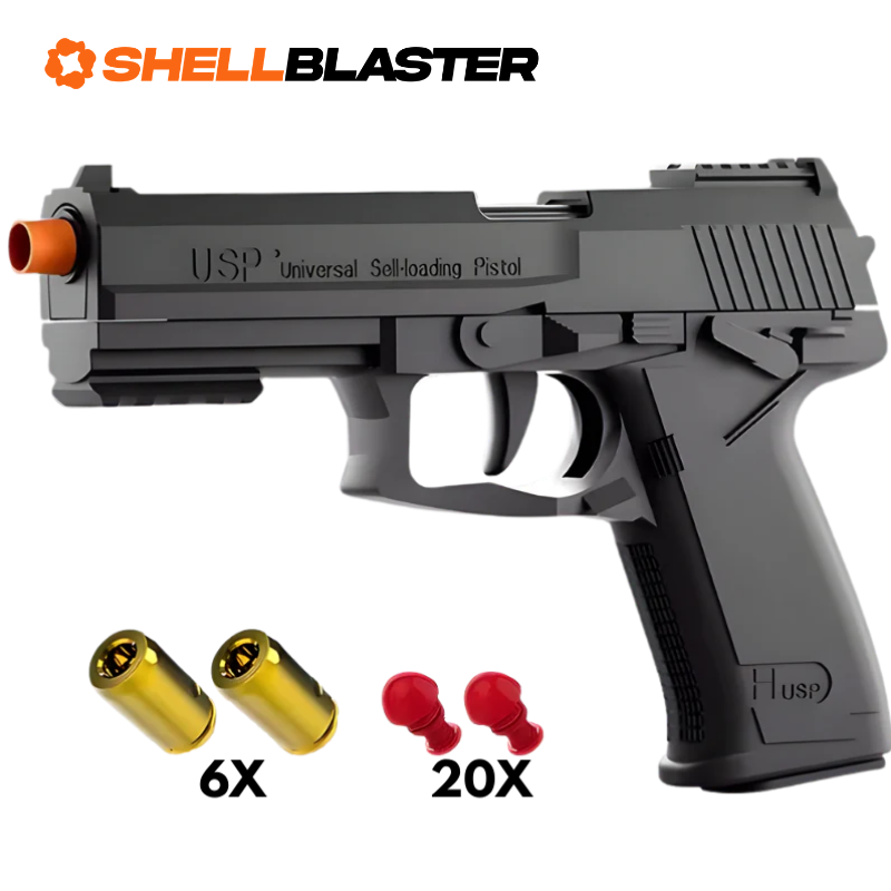 Scorpion toy shell blaster pistol — rear view showing rail and stock details