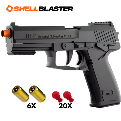 Scorpion toy shell blaster pistol — rear view showing rail and stock details