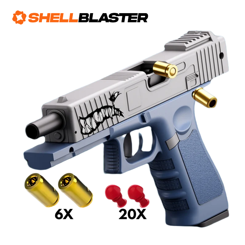 Grey and navy Glock style shellblaster pistol with six casings and twenty red darts