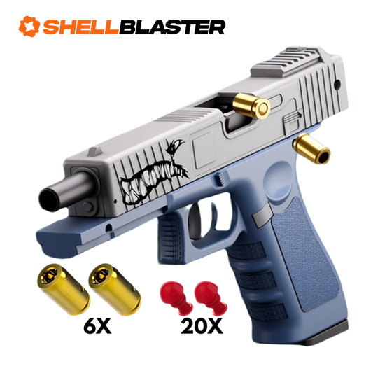 Grey and navy Glock style shellblaster pistol with six casings and twenty red darts