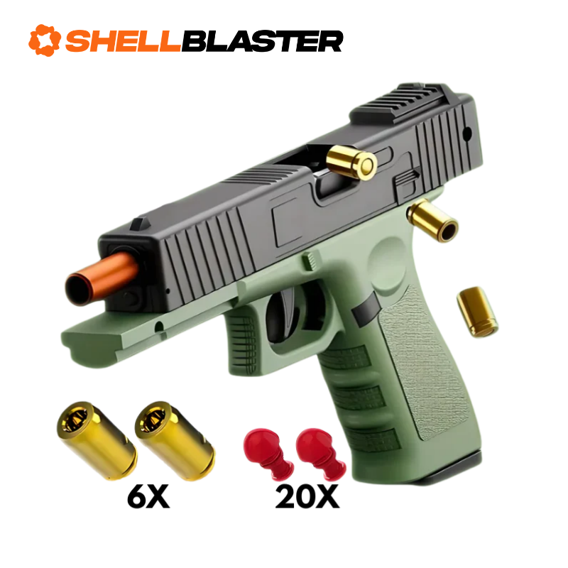 Hyena toy shell blaster pistol — detail shot of slide, grip and trigger