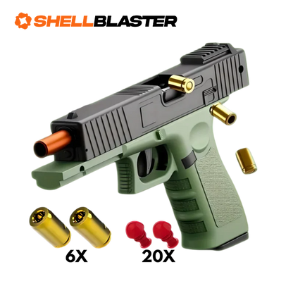 Hyena toy shell blaster pistol — detail shot of slide, grip and trigger