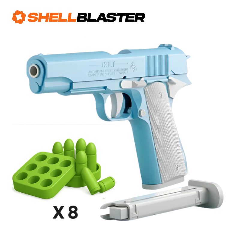 Light blue and white 1911 shellblaster pistol with green brick targets