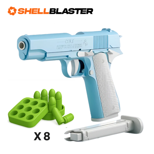Light blue and white 1911 shellblaster pistol with green brick targets