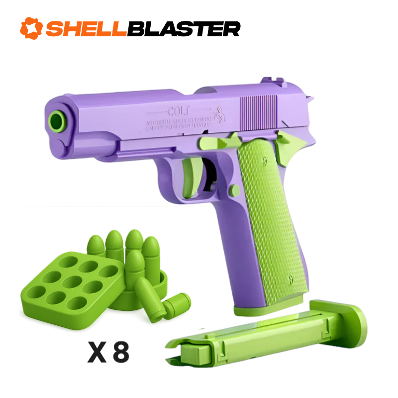 Titan toy shell blaster pistol — detail shot of slide, grip and trigger