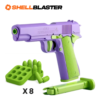 Titan toy shell blaster pistol — detail shot of slide, grip and trigger