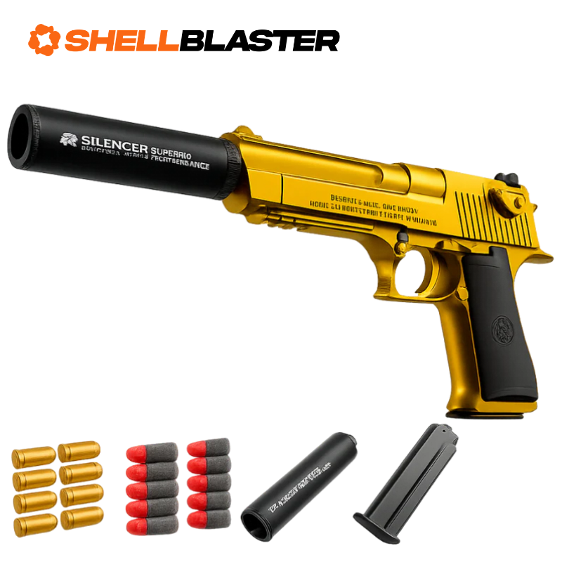 Gold Desert Eagle shellblaster with silencer, plastic darts and gold casings