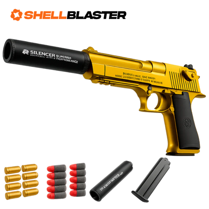 Gold Desert Eagle shellblaster with silencer, plastic darts and gold casings