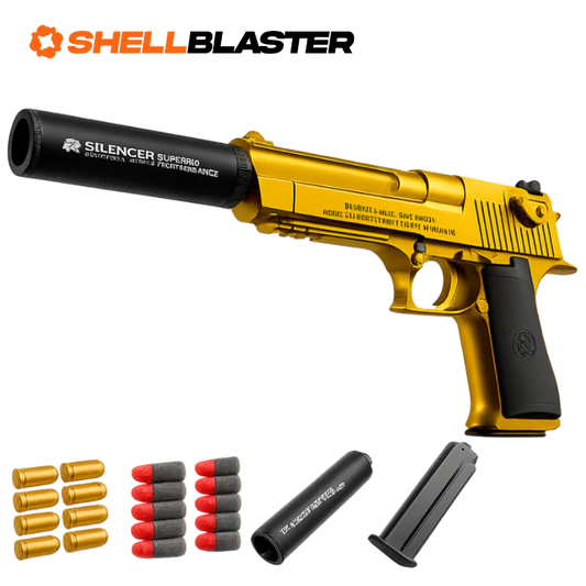Gold Desert Eagle shellblaster with silencer, plastic darts and gold casings