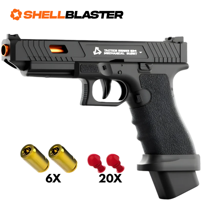 Black Glock style polymer shellblaster pistol with six casings and twenty red darts