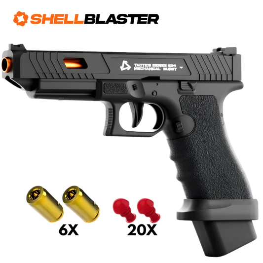 Black Glock style polymer shellblaster pistol with six casings and twenty red darts