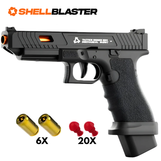 Black Glock style polymer shellblaster pistol with six casings and twenty red darts