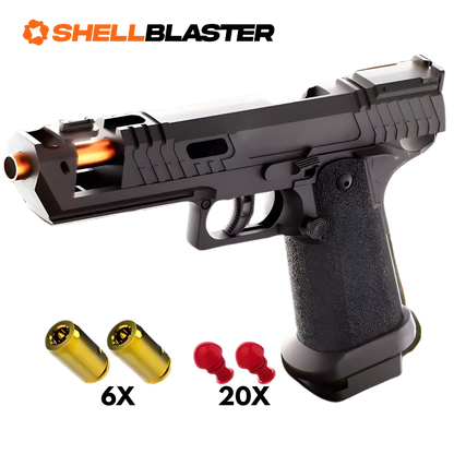 Thunder toy shell blaster pistol — detail shot of slide, grip and trigger