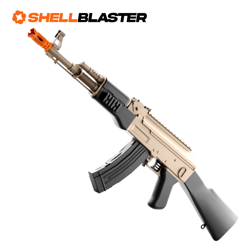 Falcon-47 shell blaster long-gun — detail shot of slide, grip and trigger
