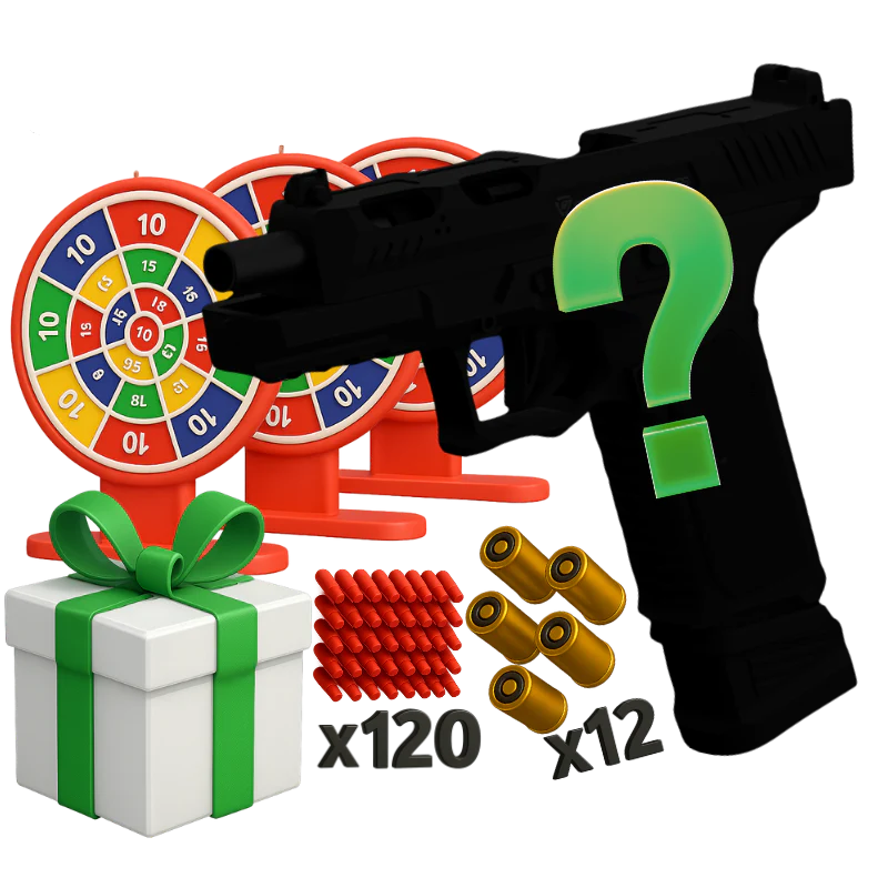 Starter bundle with shell blaster pistol, three targets, 120 darts, 12 casings and mystery gift
