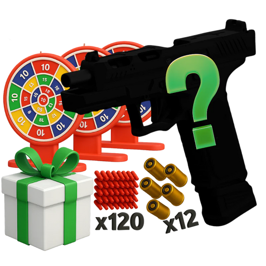Starter bundle with shell blaster pistol, three targets, 120 darts, 12 casings and mystery gift