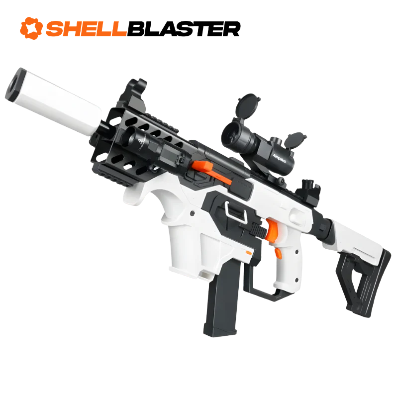 Vanguard shell blaster long-gun — rear view showing rail and stock details