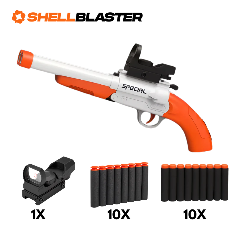 White and orange sawed-off mini shotgun shellblaster with ten plastic darts