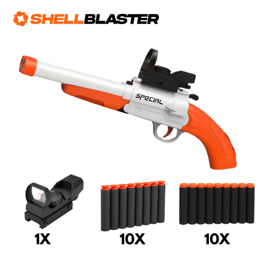 White and orange sawed-off mini shotgun shellblaster with ten plastic darts
