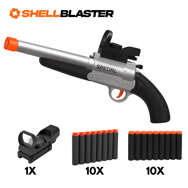 Vapor pump-action shell blaster shotgun — detail shot of slide, grip and trigger