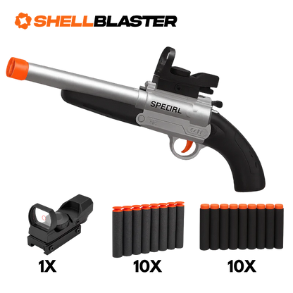 Vapor pump-action shell blaster shotgun — detail shot of slide, grip and trigger
