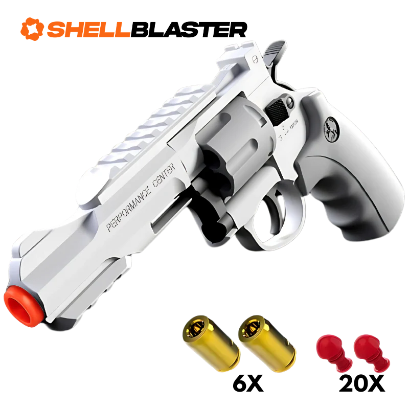 Silver tactical long-barrel shellblaster revolver with casings and twenty darts
