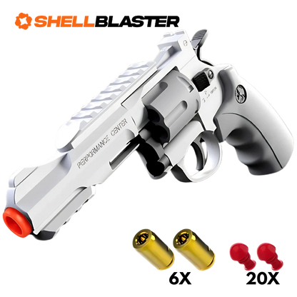 Silver tactical long-barrel shellblaster revolver with casings and twenty darts
