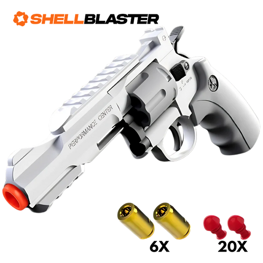 Silver tactical long-barrel shellblaster revolver with casings and twenty darts