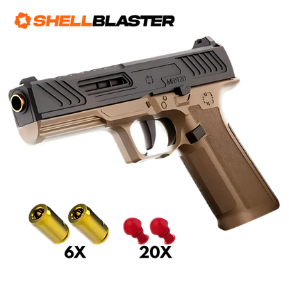Black and tan Walther PDP style shellblaster pistol with casings and darts