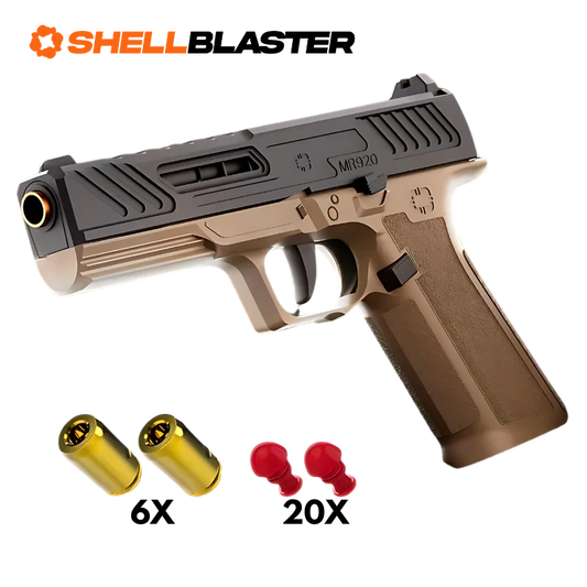 Black and tan Walther PDP style shellblaster pistol with casings and darts