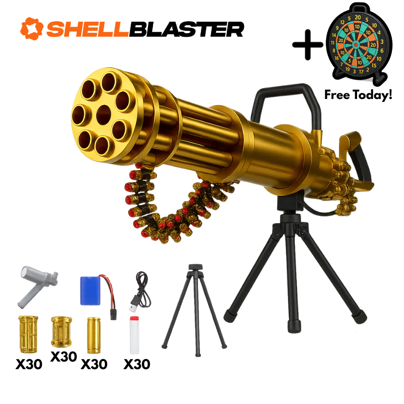 Gold rotating-barrel minigun shellblaster on tripod with ammo kit and free dartboard