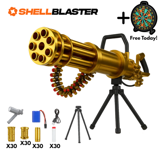 Gold rotating-barrel minigun shellblaster on tripod with ammo kit and free dartboard