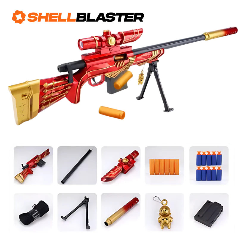 Red sniper rifle shellblaster with scope, knife and tactical gear kit