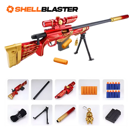 Red sniper rifle shellblaster with scope, knife and tactical gear kit