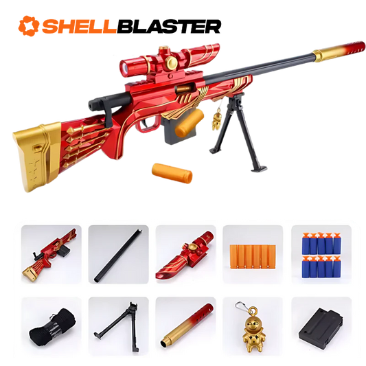 Red sniper rifle shellblaster with scope, knife and tactical gear kit