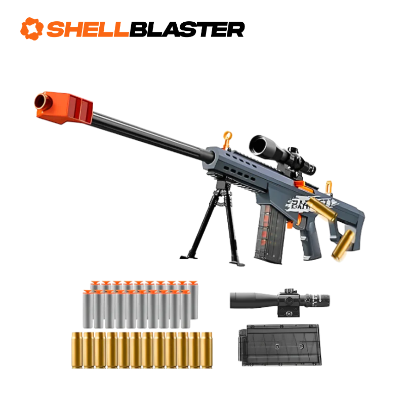 Large orange and grey 50 BMG anti-materiel sniper shellblaster with scope and bipod