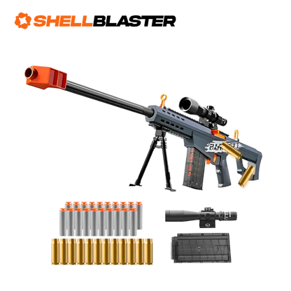 Large orange and grey 50 BMG anti-materiel sniper shellblaster with scope and bipod