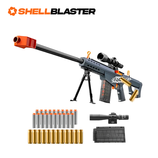 Large orange and grey 50 BMG anti-materiel sniper shellblaster with scope and bipod