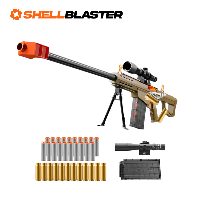Sentinel shell blaster long-gun — detail shot of slide, grip and trigger