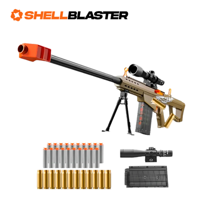 Sentinel shell blaster long-gun — detail shot of slide, grip and trigger