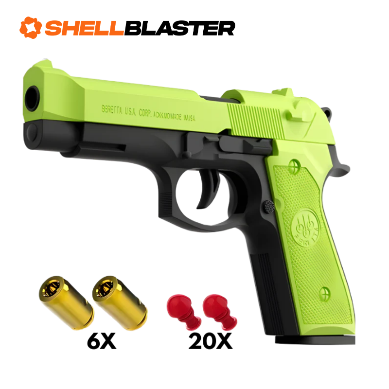 Blue and orange Beretta 92FS M9 shellblaster pistol with six casings and twenty darts