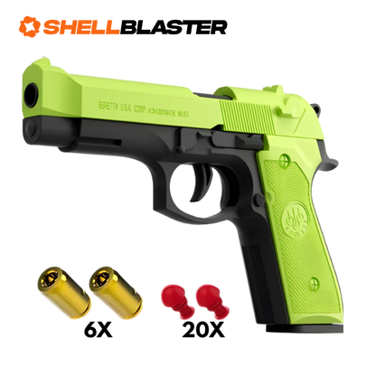 Blue and orange Beretta 92FS M9 shellblaster pistol with six casings and twenty darts