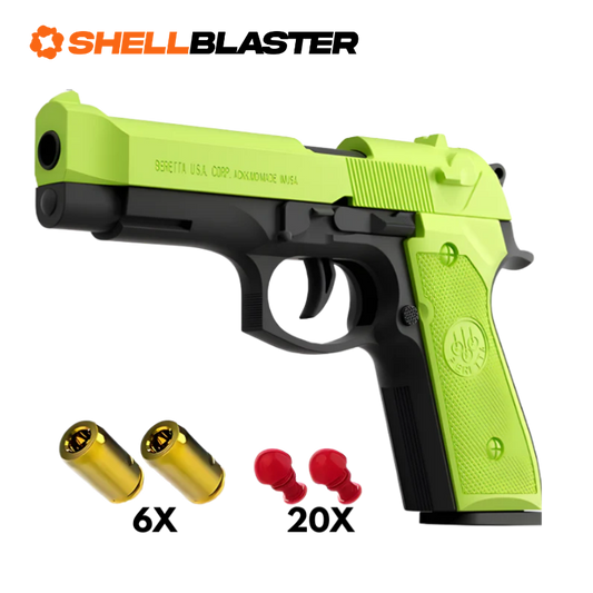 Blue and orange Beretta 92FS M9 shellblaster pistol with six casings and twenty darts