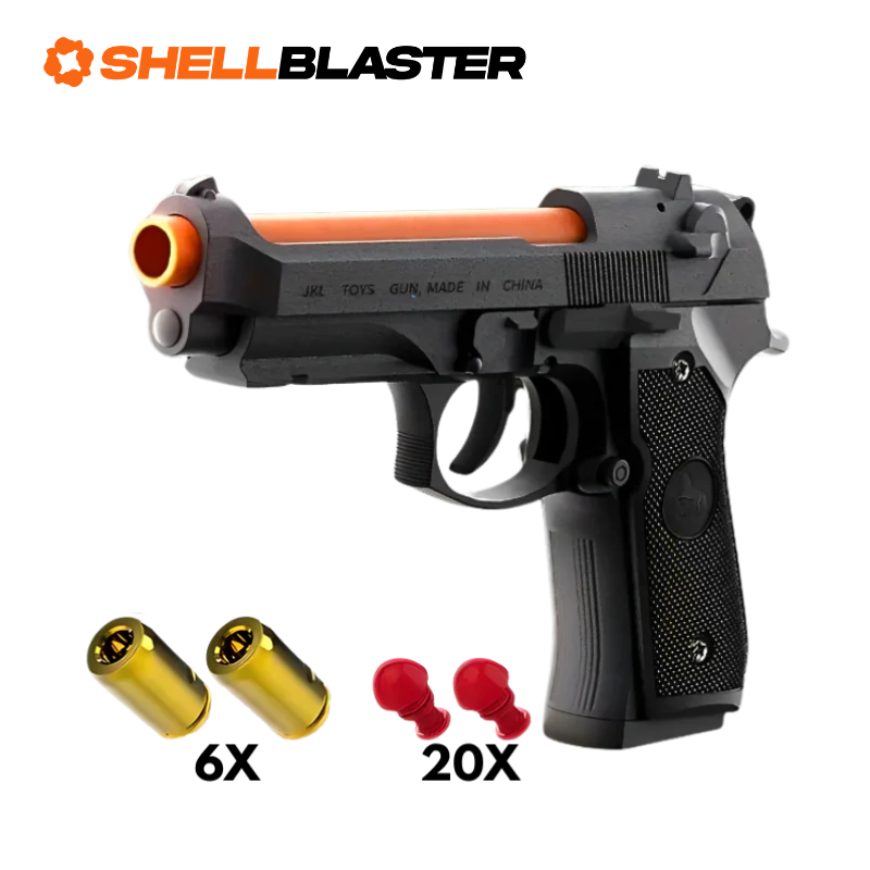 Emerald toy shell blaster pistol — detail shot of slide, grip and trigger